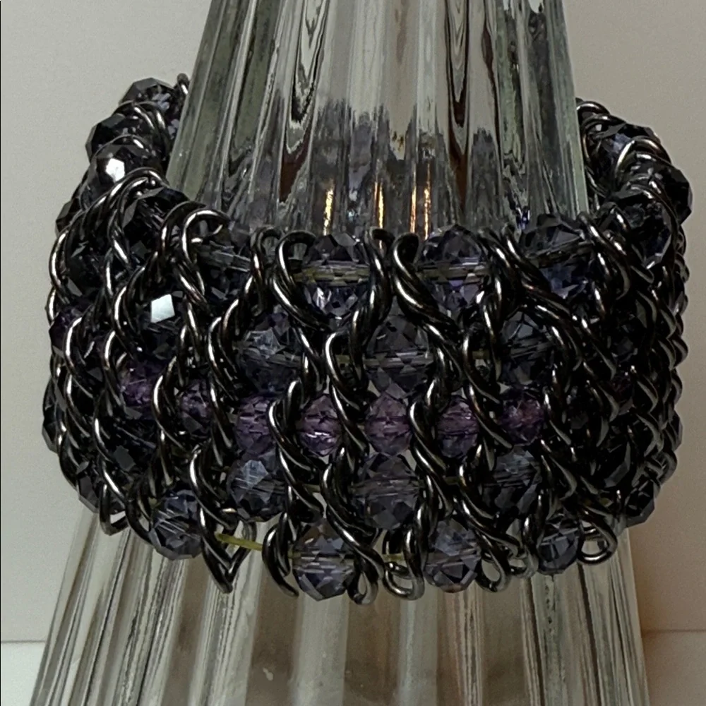 Striking Chunky Purple Black Chain multilayer woven gun metal stretch bracelet
